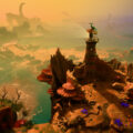 Keeper's lighthouse stands on a cliff above a hazy sunset sea, with the seabird Twig perched on its lantern room