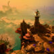Keeper's lighthouse stands on a cliff above a hazy sunset sea, with the seabird Twig perched on its lantern room